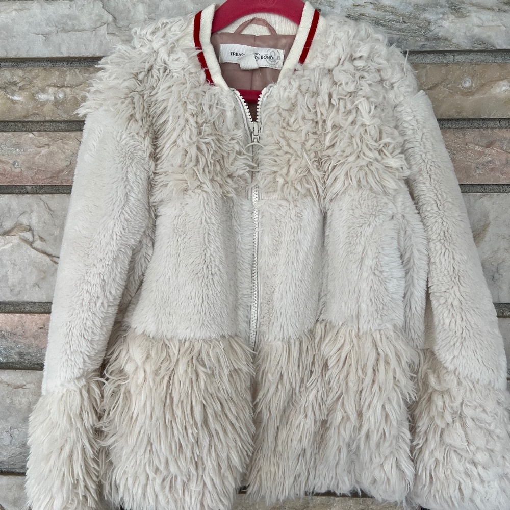 Treasure & Bond Girls Faux Fur Bomber Jacket M 8/10 GORGEOUS Zip Front Ivory